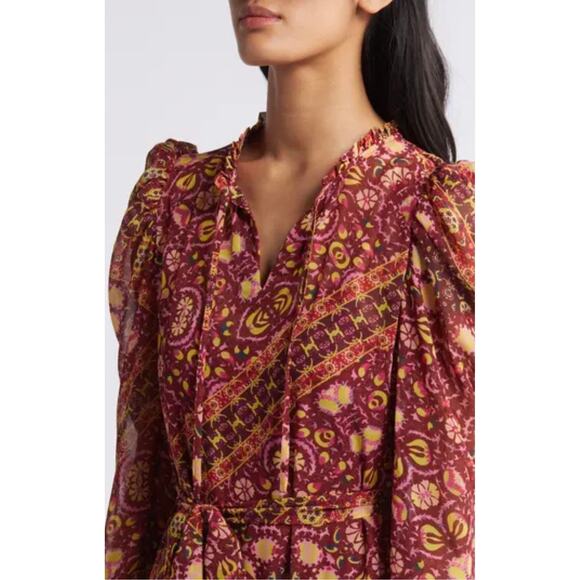 Julia Jordan Maxi Dress Sz 8 Boho Tiered Chiffon Burgundy Floral Long Sleeve - Picture 3 of 16